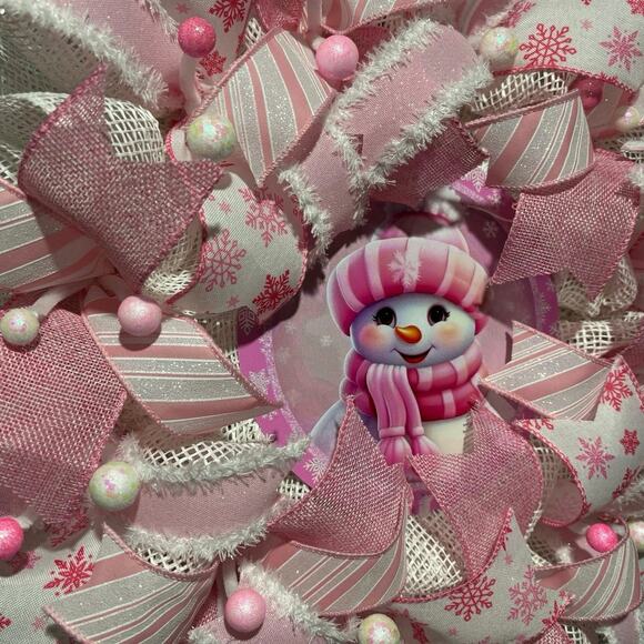 Snowman Wreath, Winter Christmas, Pink and White 22 Inch Deco mesh - Picture 2 of 5